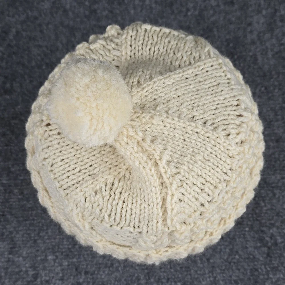John Molloy Aran Wool Pom Beanie XS Child Cream Ireland‎ Hand Knit 100% Wool